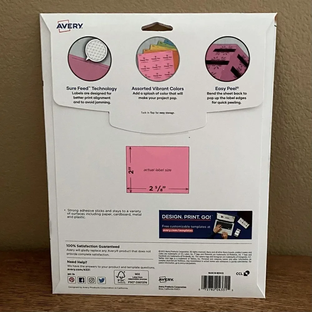 NWT New 300 Avery Rectangular Labels w/Sure Feed Bright Colors 4331, 2